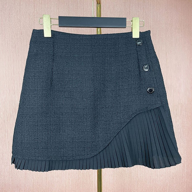 Crna plisirana midi suknja s visokim strukom i tweed patchworkom, za žene