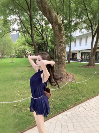 Haljina s halter izrezom u vintage korejskom stilu, plava plisirana A-linijska haljina s naglaskom na struk