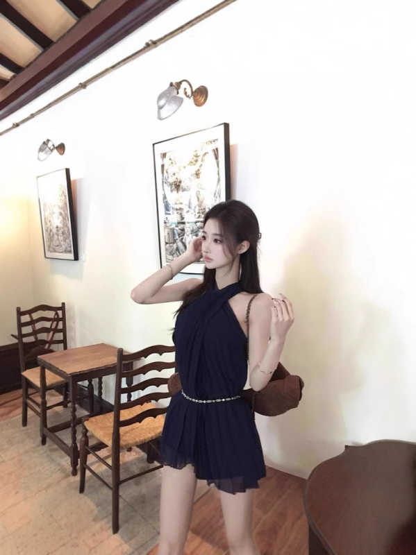 Haljina s halter izrezom u vintage korejskom stilu, plava plisirana A-linijska haljina s naglaskom na struk