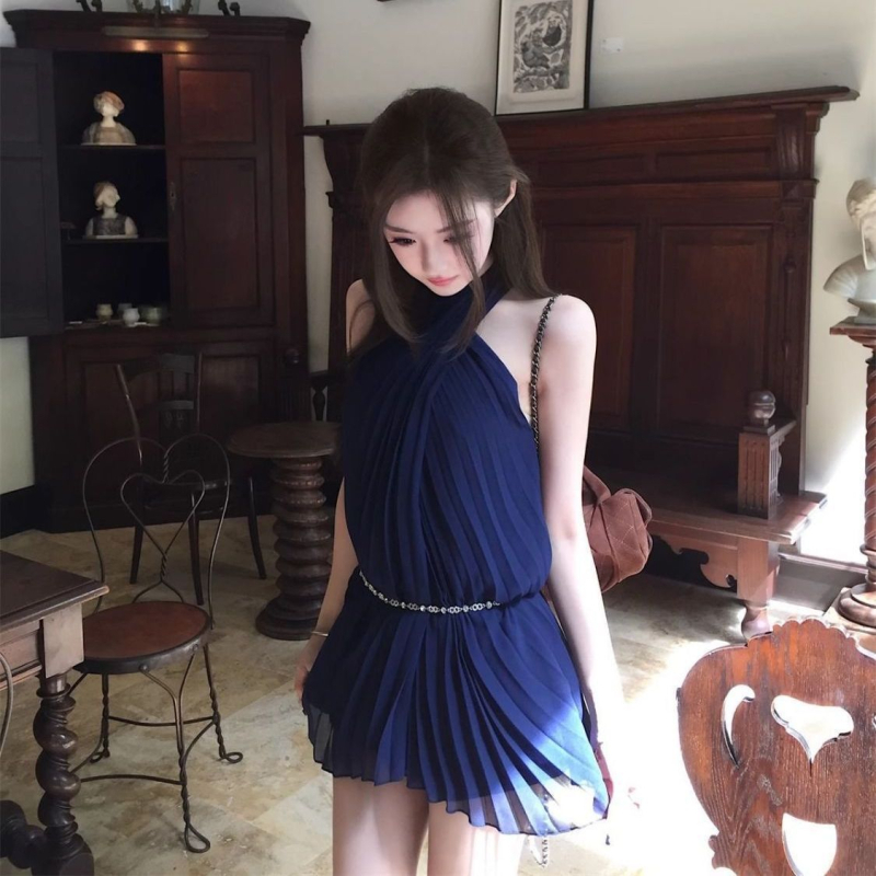 Haljina s halter izrezom u vintage korejskom stilu, plava plisirana A-linijska haljina s naglaskom na struk