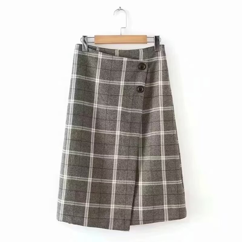Ženska duga suknja s visokim pojasom, karirani uzorak, kopčanje, A-linija, ulični stil, zima 2025