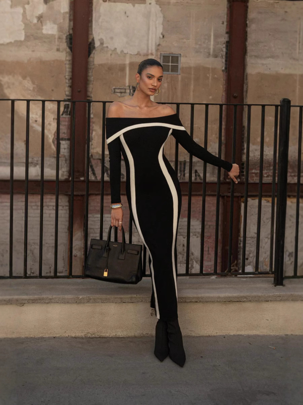Elegantna večernja haljina s jednim ramenom, blok boja, pleteni materijal, dugi rukavi, uski kroj