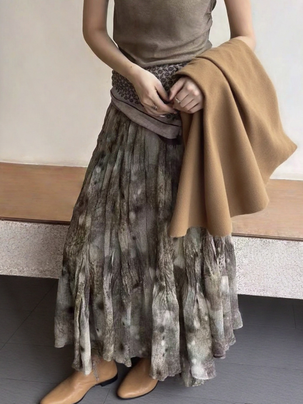 Ženska mrežasta midi suknja s tie-dye uzorkom, nepravilan rub, jesen-zima retro stil