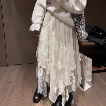 Francuski stil s bogatom izvezenom mašnom, nepravilan rub, pletena čipkasta suknja za žene, jesen-zima, elegantna.