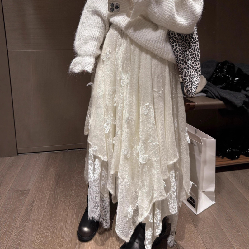 Francuski stil s bogatom izvezenom mašnom, nepravilan rub, pletena čipkasta suknja za žene, jesen-zima, elegantna.