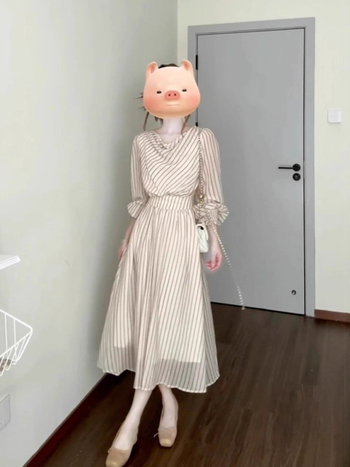 Рокля с люлееща се яка, райета, дълги ръкави, за жени, есен 2025, корейски стил, подчертана талия, дълга пола
