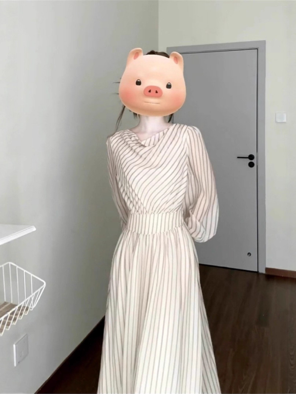 Рокля с люлееща се яка, райета, дълги ръкави, за жени, есен 2025, корейски стил, подчертана талия, дълга пола