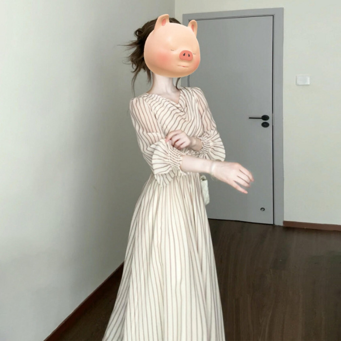 Рокля с люлееща се яка, райета, дълги ръкави, за жени, есен 2025, корейски стил, подчертана талия, дълга пола
