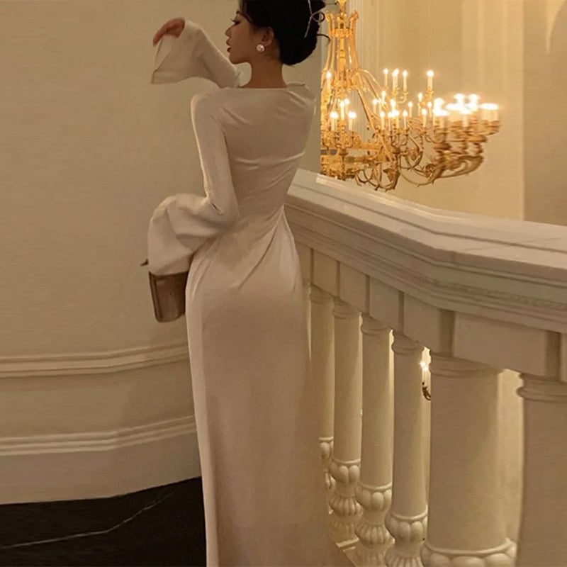 Ženska ljetna elegantna haljina s dugim rukavima, pleteni materijal, A-linija, za ured