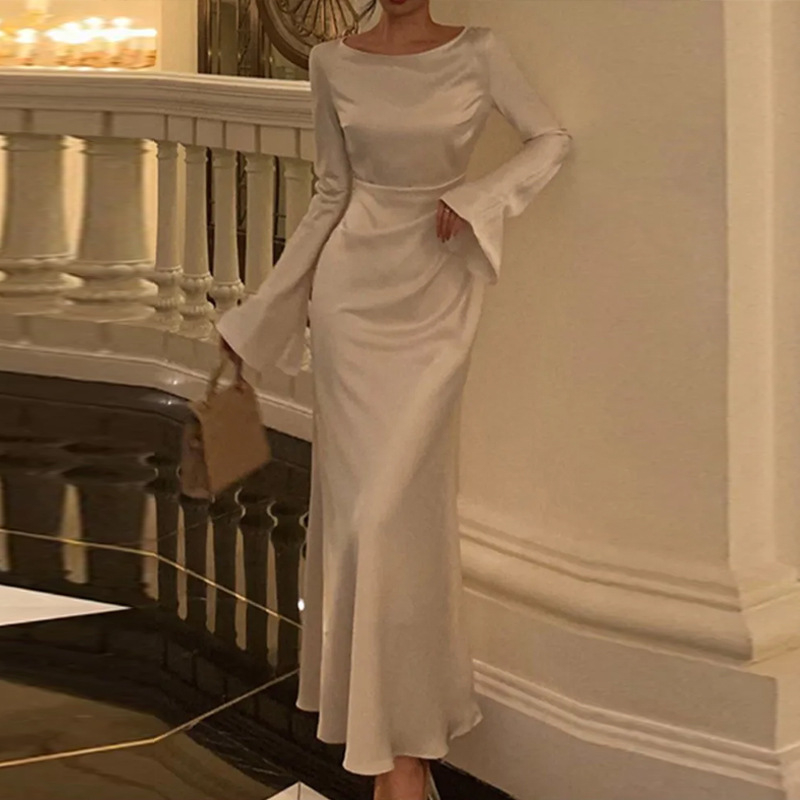 Ženska ljetna elegantna haljina s dugim rukavima, pleteni materijal, A-linija, za ured