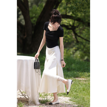 Aprikose boje satin long suknja s franuskog čipke umetkom, lagana ljetna elegancija