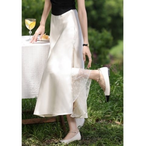 Aprikose boje satin long suknja s franuskog čipke umetkom, lagana ljetna elegancija