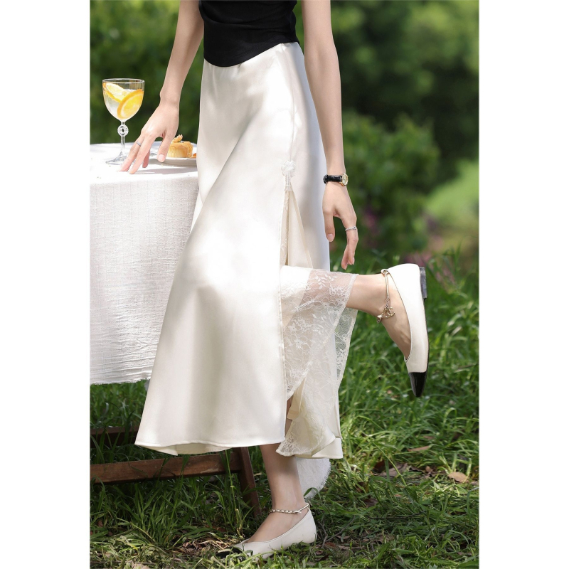 Aprikose boje satin long suknja s franuskog čipke umetkom, lagana ljetna elegancija