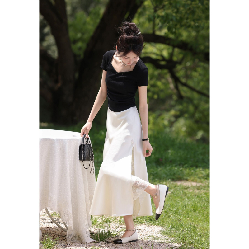 Aprikose boje satin long suknja s franuskog čipke umetkom, lagana ljetna elegancija