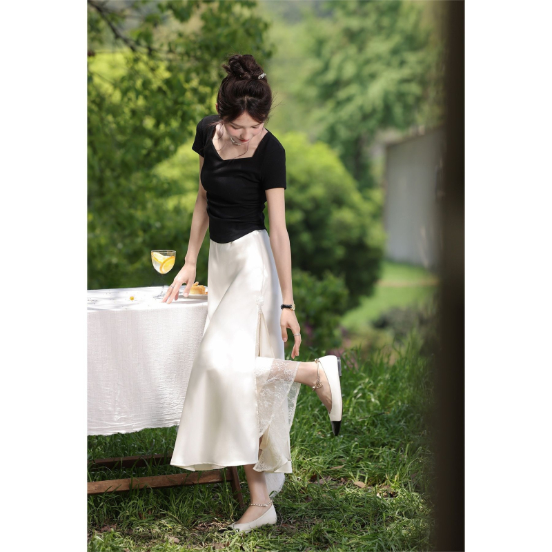 Aprikose boje satin long suknja s franuskog čipke umetkom, lagana ljetna elegancija