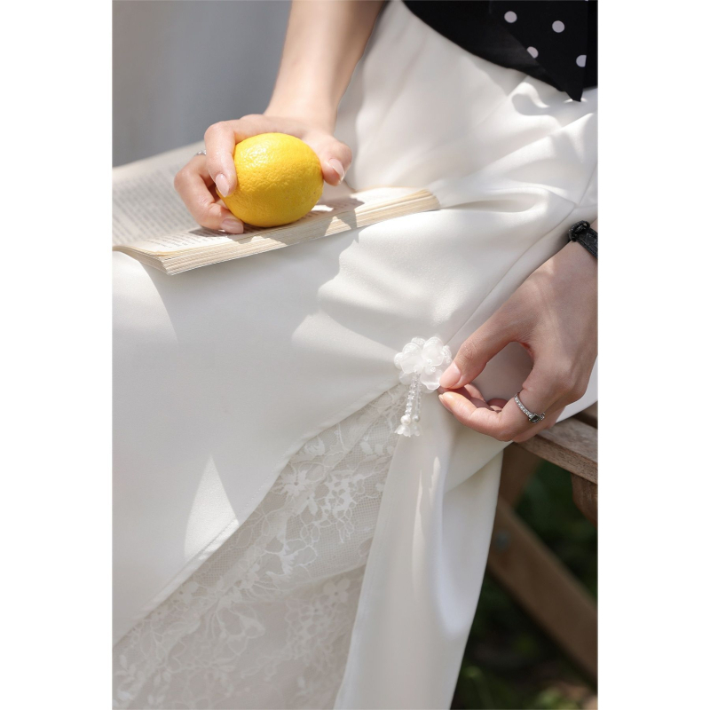 Aprikose boje satin long suknja s franuskog čipke umetkom, lagana ljetna elegancija