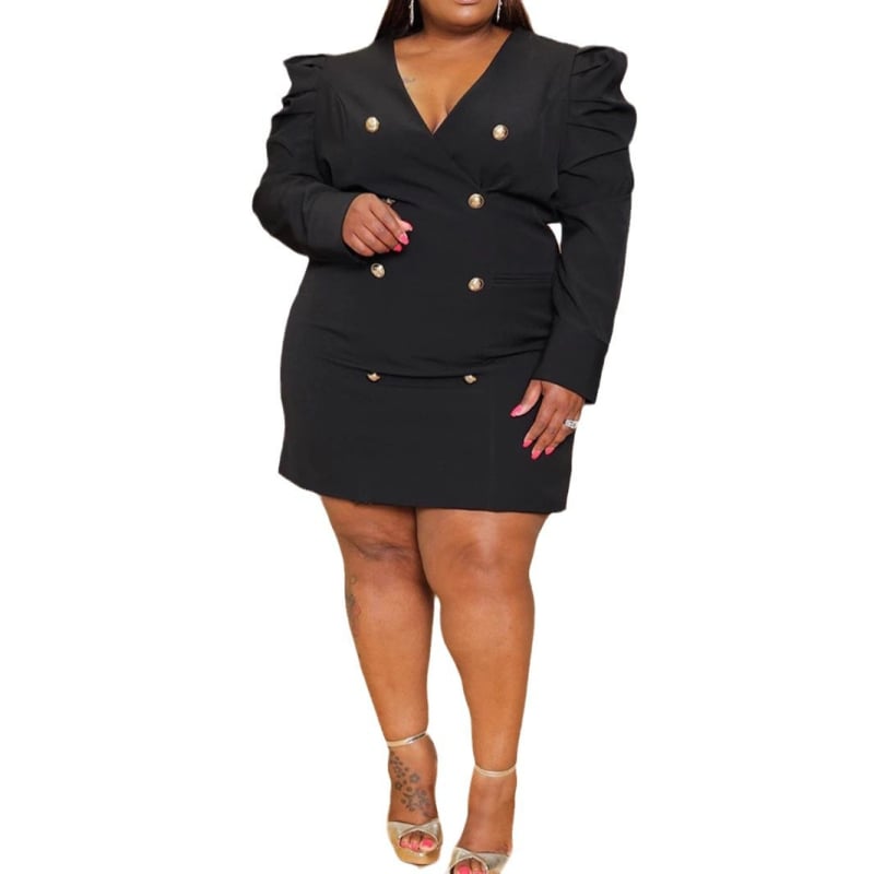 PP3007 Haljina za žene Plus Size s V izrezom, naglašenim strukom, jednobojna, francuski retro, A-linija, kratka duljina