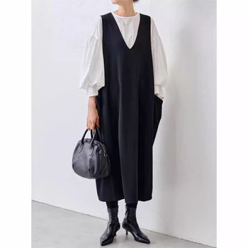 Jednobojna haljina bez rukava s V izrezom, A-linija, maxi duljina, japansko-korejski stil, poliester