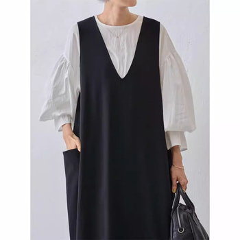 Jednobojna haljina bez rukava s V izrezom, A-linija, maxi duljina, japansko-korejski stil, poliester