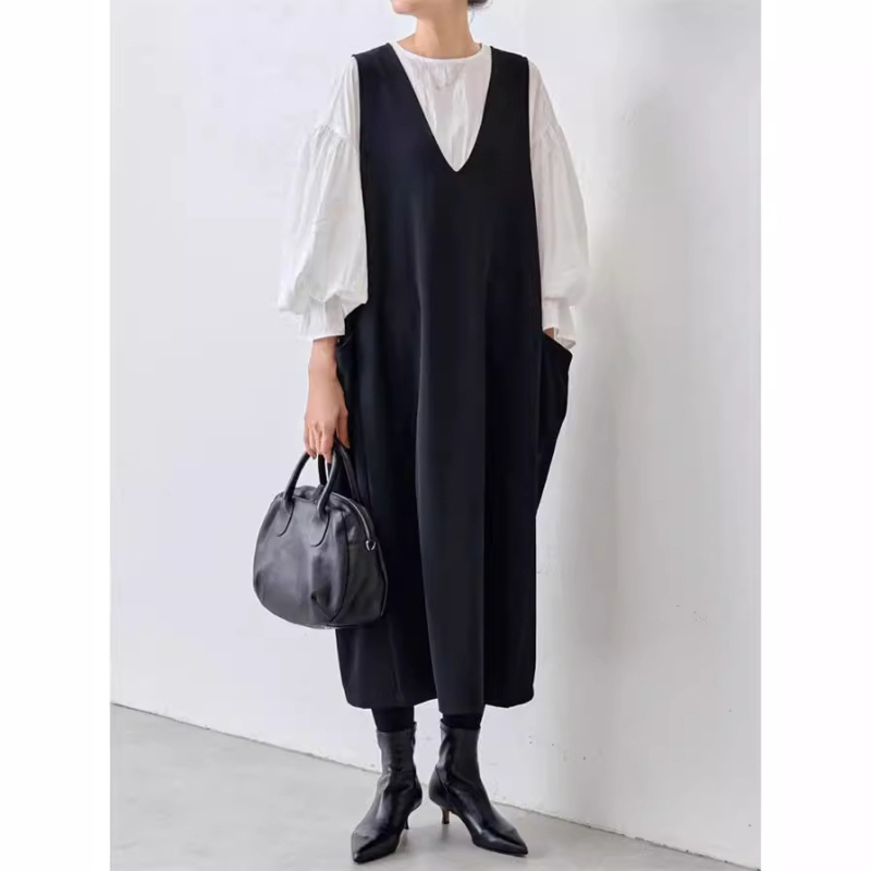 Jednobojna haljina bez rukava s V izrezom, A-linija, maxi duljina, japansko-korejski stil, poliester