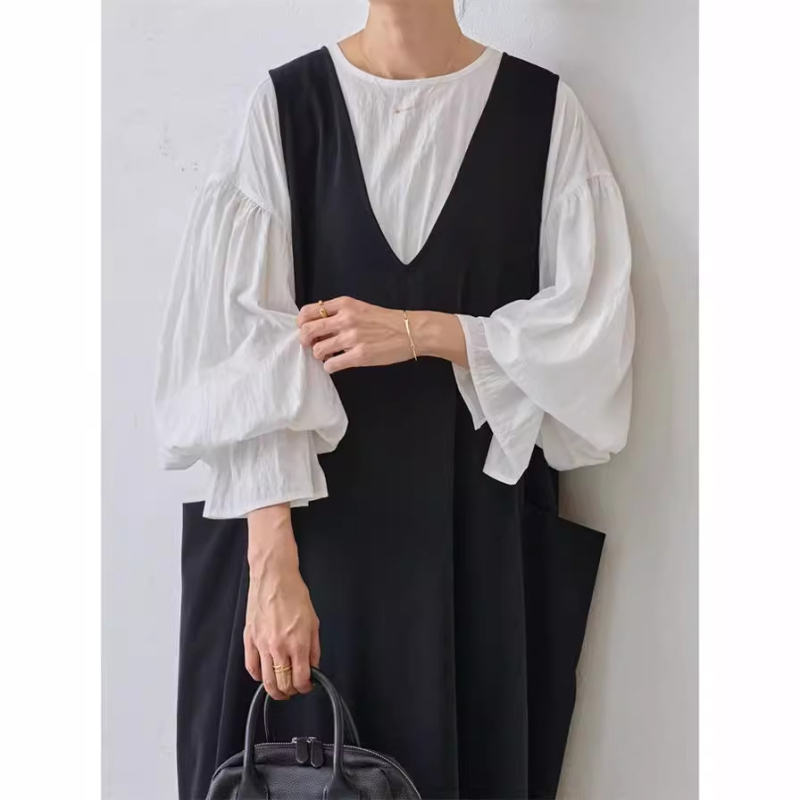 Jednobojna haljina bez rukava s V izrezom, A-linija, maxi duljina, japansko-korejski stil, poliester