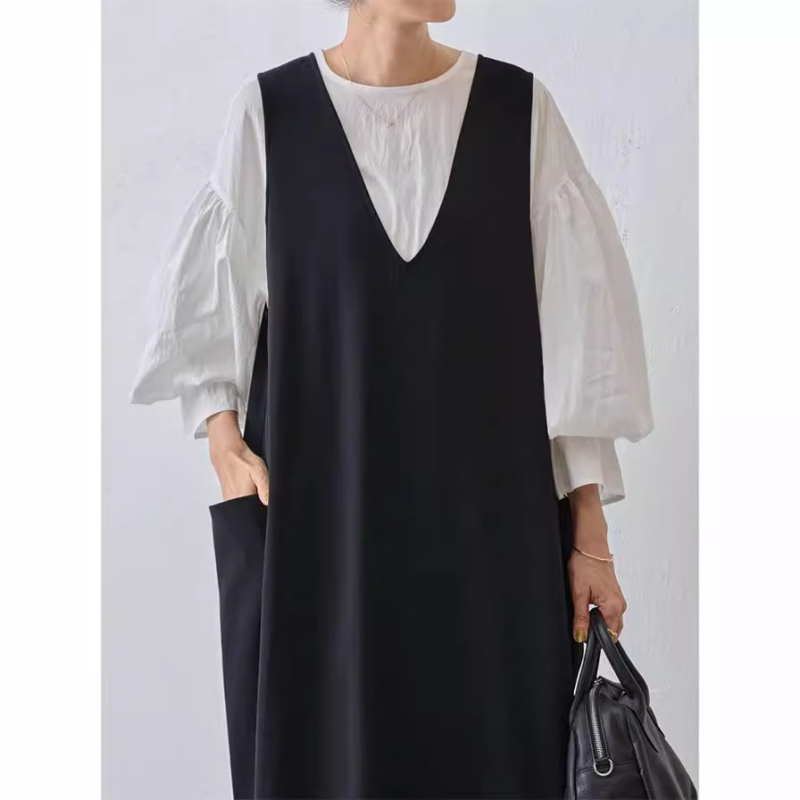 Jednobojna haljina bez rukava s V izrezom, A-linija, maxi duljina, japansko-korejski stil, poliester