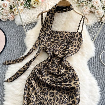 Haljina s leopard uzorkom, otvorena leđa, halter ovratnik, bez rukava, visok struk, duga haljina s fishtail krojem