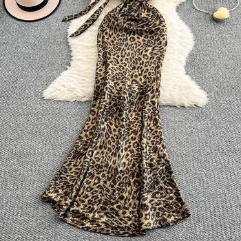Haljina s leopard uzorkom, otvorena leđa, halter ovratnik, bez rukava, visok struk, duga haljina s fishtail krojem