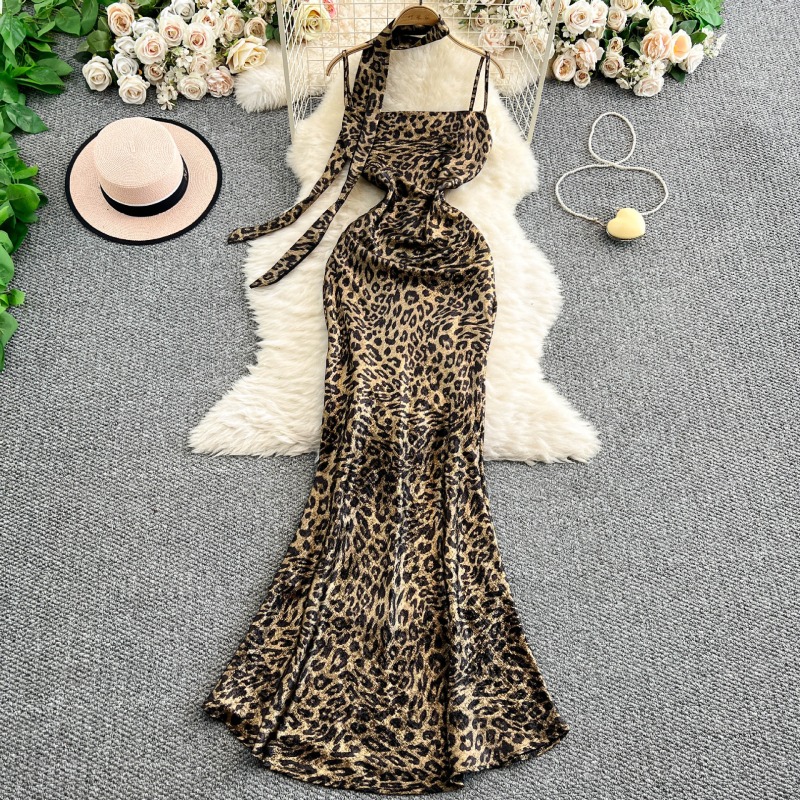 Haljina s leopard uzorkom, otvorena leđa, halter ovratnik, bez rukava, visok struk, duga haljina s fishtail krojem