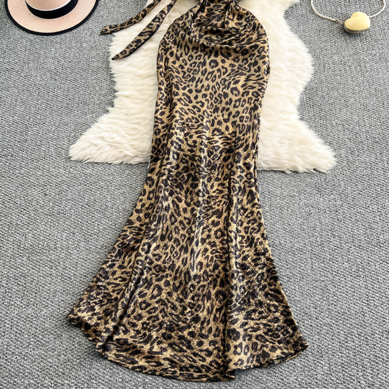 Haljina s leopard uzorkom, otvorena leđa, halter ovratnik, bez rukava, visok struk, duga haljina s fishtail krojem