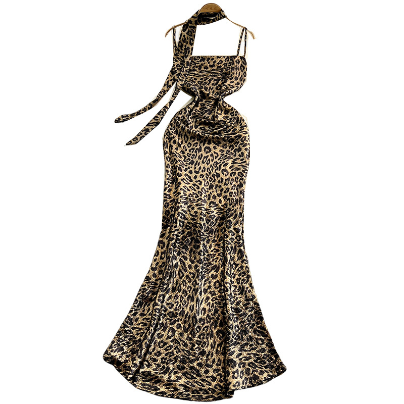 Haljina s leopard uzorkom, otvorena leđa, halter ovratnik, bez rukava, visok struk, duga haljina s fishtail krojem