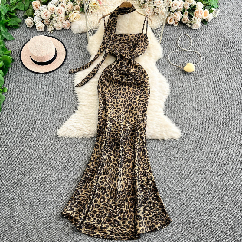 Haljina s leopard uzorkom, otvorena leđa, halter ovratnik, bez rukava, visok struk, duga haljina s fishtail krojem