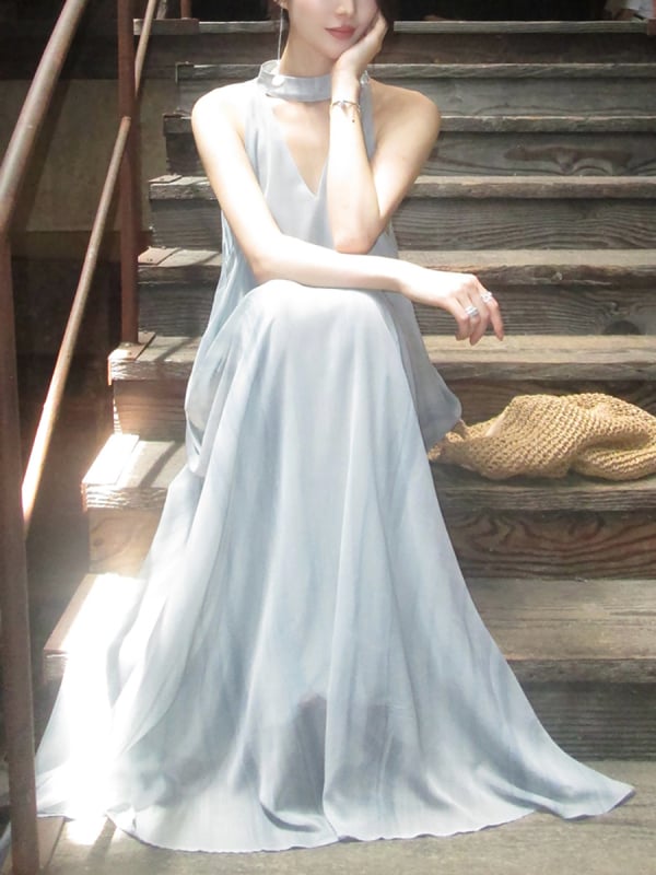 Elegantna ljetna haljina s halter izrezom od tila, bez rukava, duga A-linija, za žene