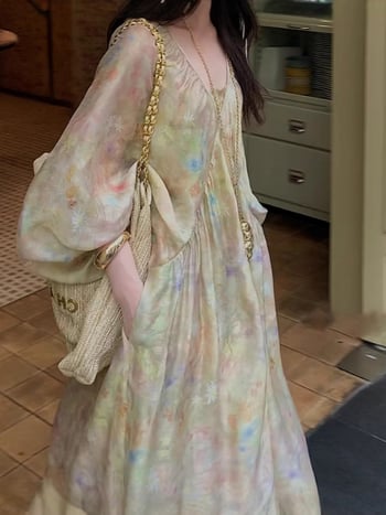 Luksuzna ležerna retro duga haljina s V izrezom, rukavi nalik šišmišima, A-silueta maxi, vintage inspiracija