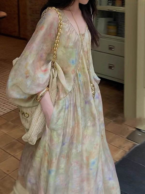 Luksuzna ležerna retro duga haljina s V izrezom, rukavi nalik šišmišima, A-silueta maxi, vintage inspiracija