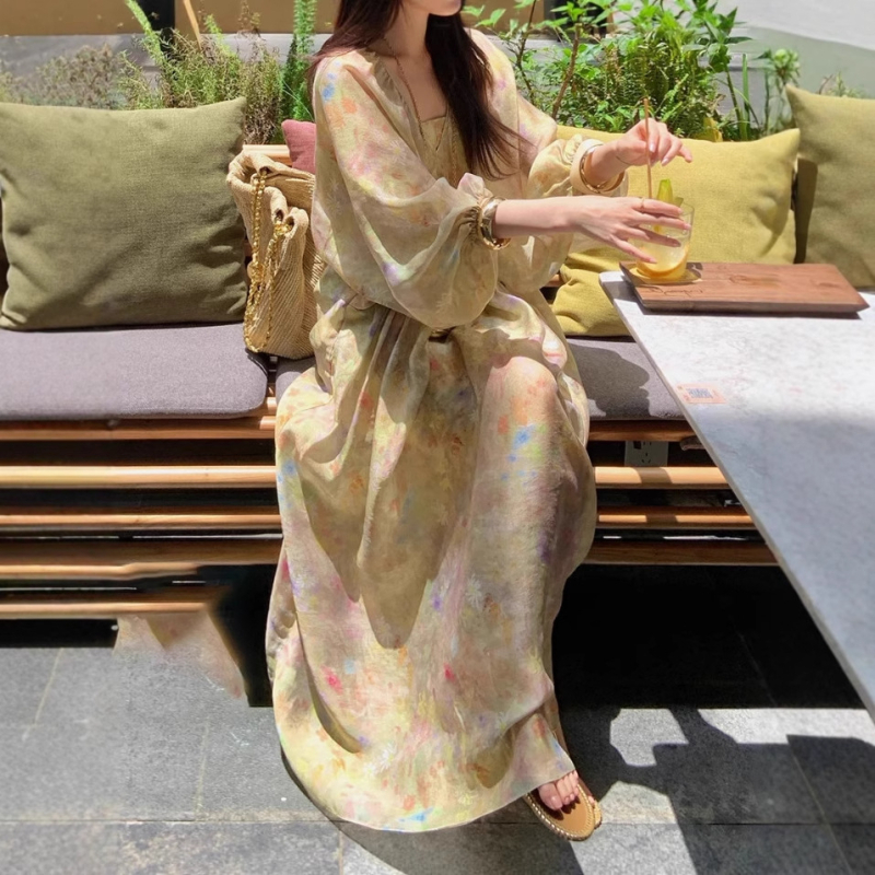 Luksuzna ležerna retro duga haljina s V izrezom, rukavi nalik šišmišima, A-silueta maxi, vintage inspiracija