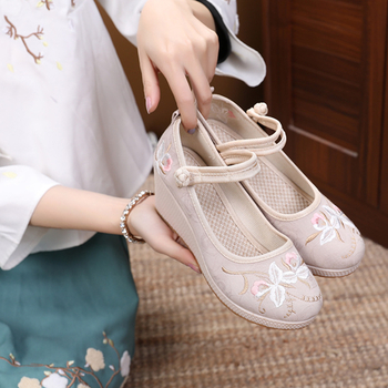 Hanfu etničkog stila, platnene cipele s klinastim petama od 6–8 cm i potplatom od telećih tetiva, retro ženska obuća
