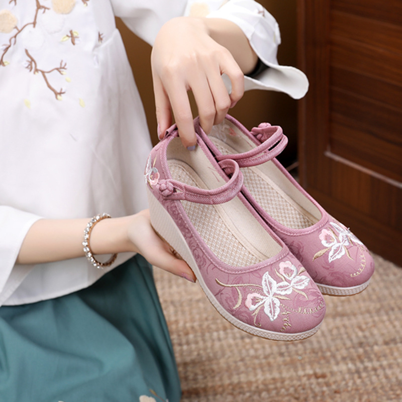 Hanfu etničkog stila, platnene cipele s klinastim petama od 6–8 cm i potplatom od telećih tetiva, retro ženska obuća