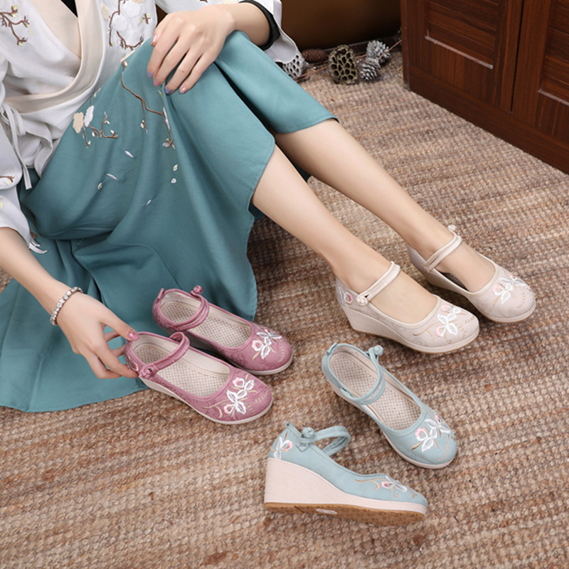 Hanfu etničkog stila, platnene cipele s klinastim petama od 6–8 cm i potplatom od telećih tetiva, retro ženska obuća