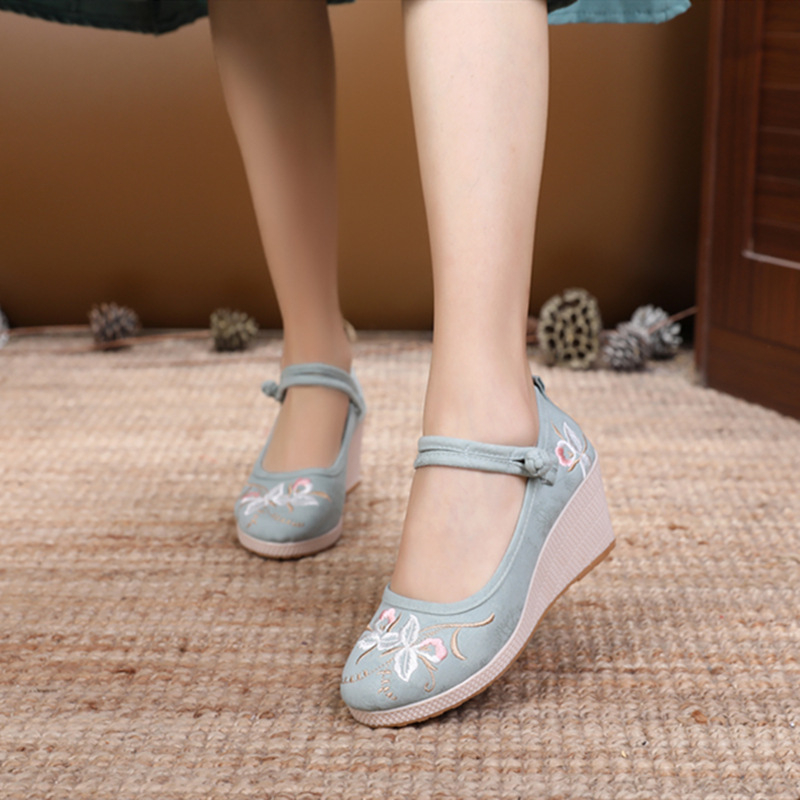 Hanfu etničkog stila, platnene cipele s klinastim petama od 6–8 cm i potplatom od telećih tetiva, retro ženska obuća