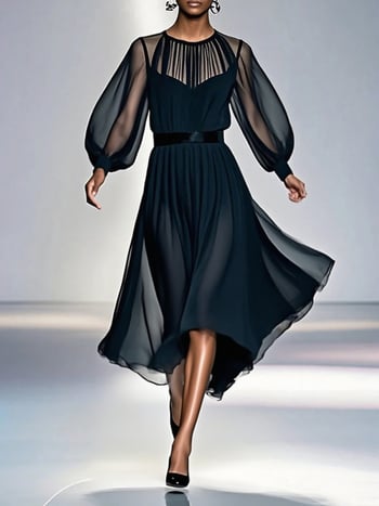 Crne dugačke haljine od mreže, naglašena linija struka, dvodijelna set, francuski elegantan stil