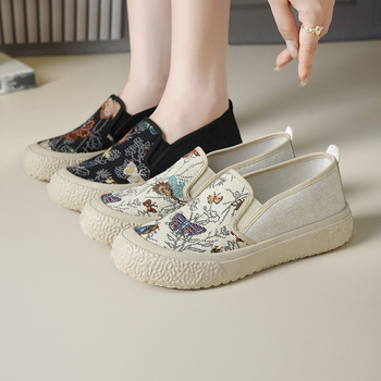 Ženske tenisice od tkanine s izvezenim uzorkom u kineskom stilu, Slip-On, casual, lagane i prozračne