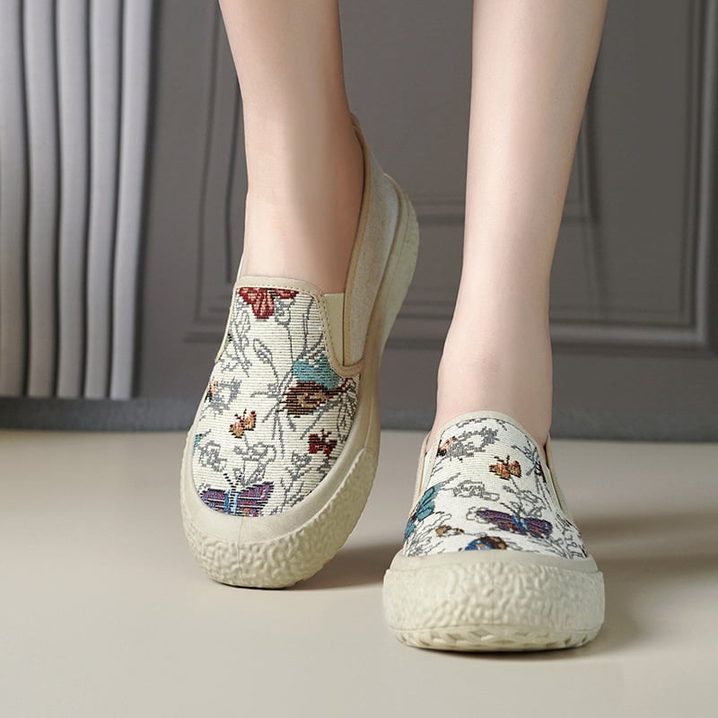 Ženske tenisice od tkanine s izvezenim uzorkom u kineskom stilu, Slip-On, casual, lagane i prozračne