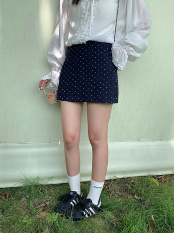 Retro točkasta A-linijska mini suknja s visokim pojasom, za sitnu visinu, korejski stil, 520737
