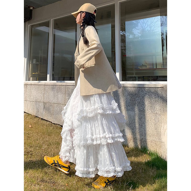 Mrežasta midi suknja za žene, visokim strukom, plisirana, A-linija, kroj torta, vilinski stil