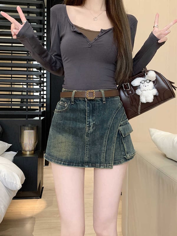 Američka retro denim suknja s ugrađenim šorcima, visokim strukom, vitak kroj, A-linija