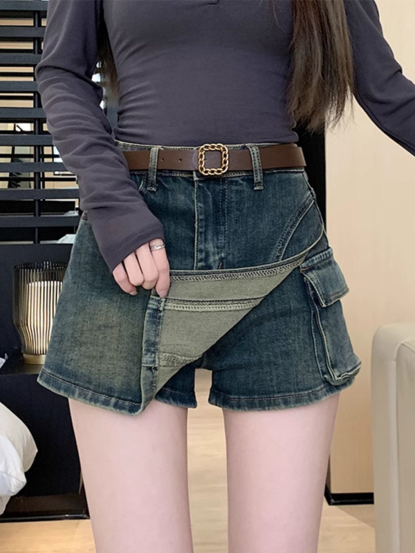 Američka retro denim suknja s ugrađenim šorcima, visokim strukom, vitak kroj, A-linija