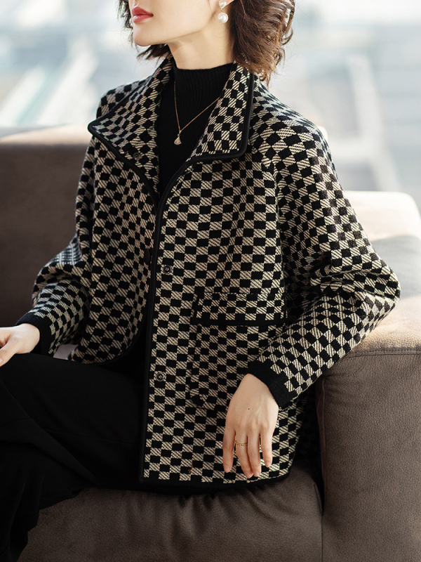 Damska jakna od vunene smjese s uzorkom houndstooth, opušten kroj, jesen–zima 2025, casual odjeća za odrasle žene