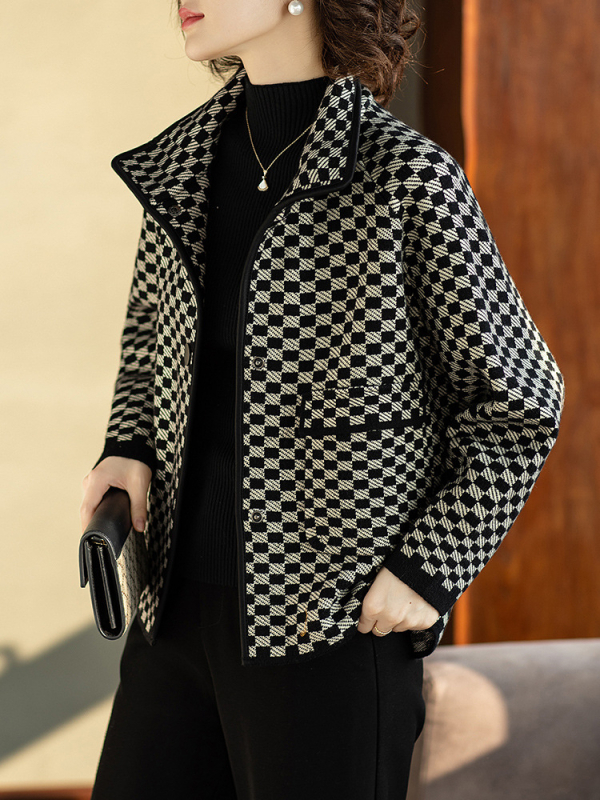Damska jakna od vunene smjese s uzorkom houndstooth, opušten kroj, jesen–zima 2025, casual odjeća za odrasle žene