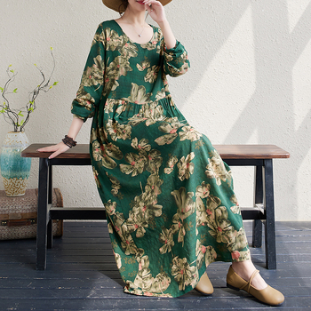 Őszi 2025-ös etnikai mintás környakú, hosszú ujjú laza szabású ruha nőknek